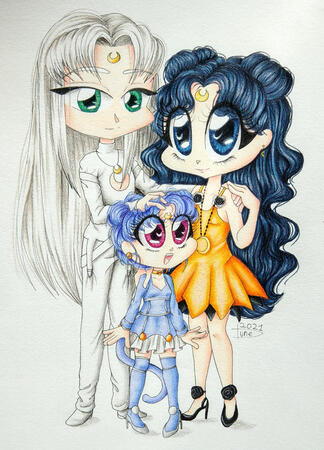 Chibi style example Fully colored family portrait Chibi style, characters showns are Luna, Artemis and Diana, from Sailor Moon, as humans