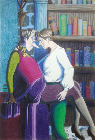 A fully colored illustration, thigh up, of Swann and Cedric together, in semi realistic style. Cedric is sat on his desk, Swann holding him