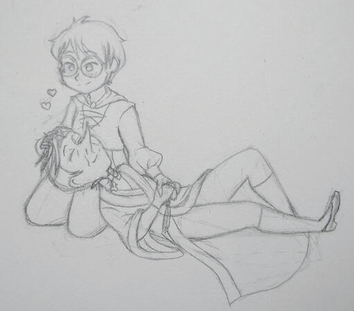 A uncolored sketch example of my mini chibi doodle, with my character Swann sat on the floor, and the character Cedric the sorcerer laying down, head on Swann's lap